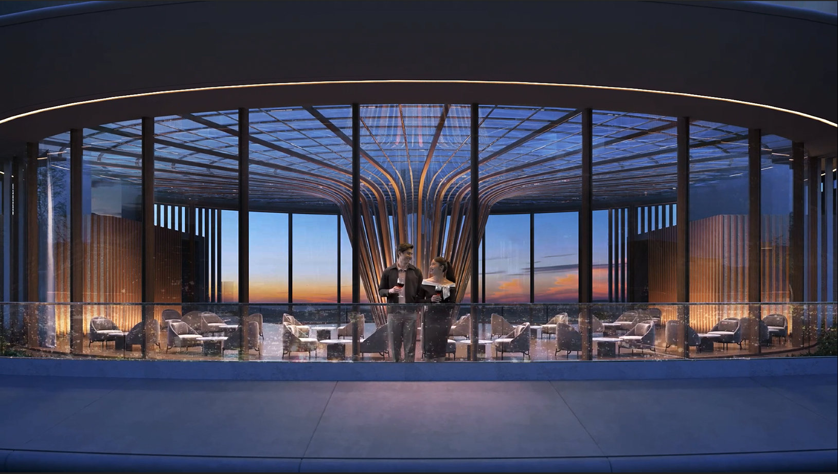 Photoreal still render of a rooftop lounge at dusk